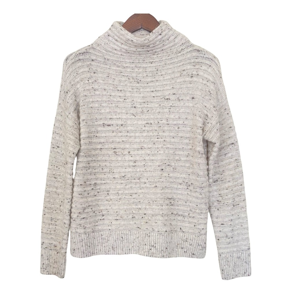 Madewell Womens XS Mock Neck Speckled Wool Blend Sweater Ribbed Knit Cream Grey